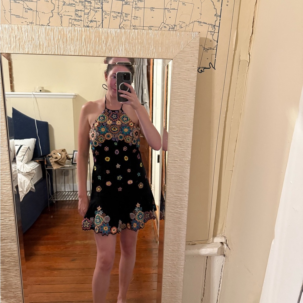 Floral Embroidered Black Halter Mini Dress